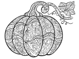 Zentangle stylized cartoon pumpkin isolated on white background. Perfect for adult antistress coloring page, T shirt print, logo or tattoo with doodle, invitation, greeting card.