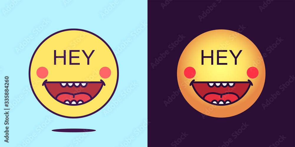Emoji face icon with phrase Hey. Cheerful emoticon with text Hey. Set ...