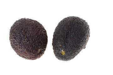 Close up view of two fresh ripe avocados isolated on white background. Healthy food concept.