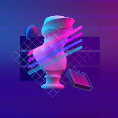 Wall Mural - 3d-illustration abstract of bust and primitive objects on violet background