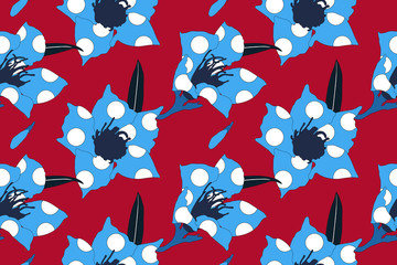 Retro - modern flowers and circle shape seamless pattern design, flat mono red and blue colour, nostalgic, minimal feelings.