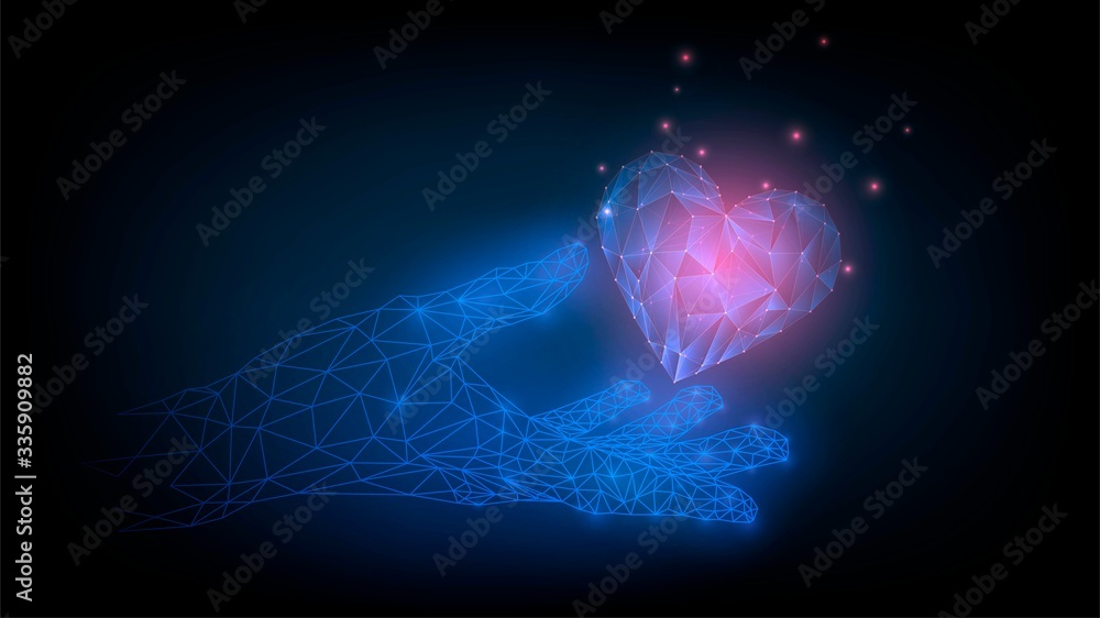 Hologram hand holds a luminous heart, virtual love concept - obrazy, fototapety, plakaty 