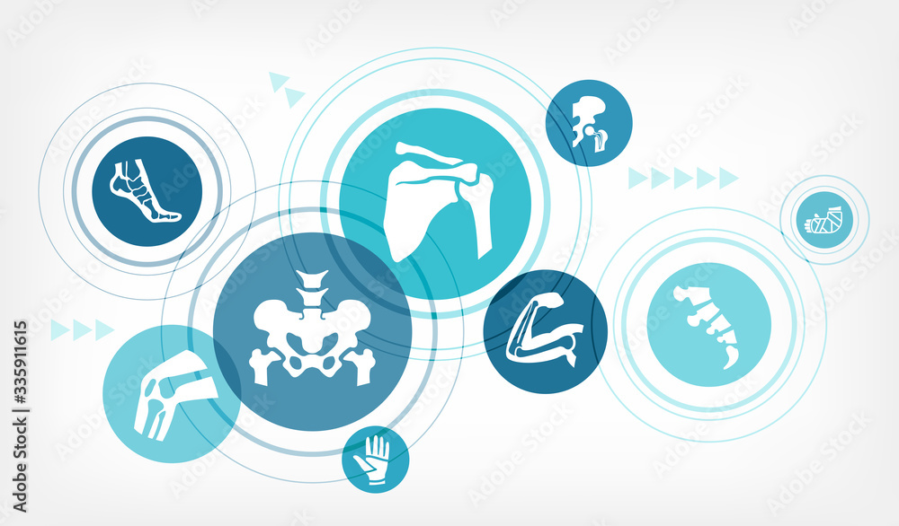 orthopedics vector illustration. Concept with connected icons related to orthopedic surgery, arthritis, skeletal and bone medical treatment or physical therapy. - obrazy, fototapety, plakaty 