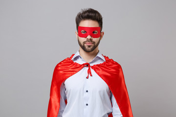 Canvas Print - Powerful young unshaven business man in shirt superhero suit have supernatural abilities isolated on grey background. Achievement career wealth business concept. Real hero defend you. Looking camera.