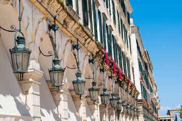 Traditional easter holidays in Corfu island, Greece. Windows and balconies at Liston Square in Kerkyra.