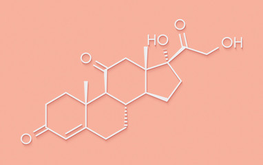 Sticker - Cortisone stress hormone molecule. Skeletal formula.