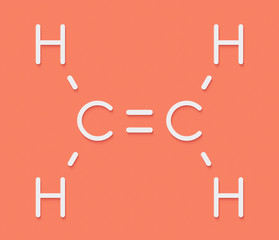 Poster - Ethylene (ethene) molecule. Used in production of polyethylene but also important as a plant hormone. Skeletal formula.