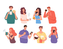 People Man Woman Characters Drinking Coffee And Eating Sweet Food Isolated Set Collection. Vector Flat Graphic Design Illustration