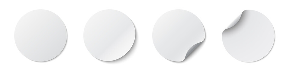 circle adhesive symbols. white tags, paper round stickers with peeling corner and shadow, isolated r