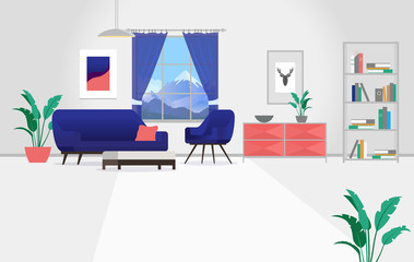 Vector living room background. Illustration of a home with window view of mountain. Apartment, home or room with couch, chair, bookshelf, art and other interior elements. 