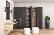 Modern wardrobe with clothes in stylish interior