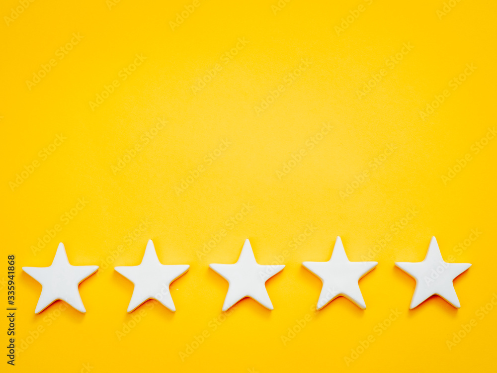 Top position. Leadership success experience. Five white stars on yellow background. - obrazy, fototapety, plakaty 