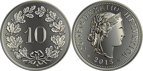 10 centimes coin Swiss franc, 10 in wreath of oak leaves on reverse, head of Liberty on obverse, official coin in Switzerland