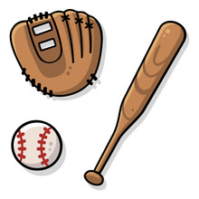 Vector Drawing Of Cute Baseball Equipment With Flat Colors And Shadows. Includes A Brown Mitt, A Big Ball And A Wooden Bat.