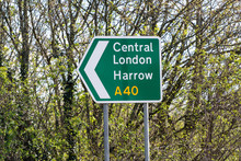 A40. Directional Road Sign To Central London And Harrow, London, UK.