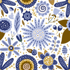 Wall Mural - Seamless vector floral colorful pattern. Ornate flower spring and summer botanical art in a modern flat style. Romantic garden color illustration on a white background.