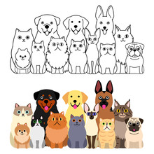 Cute Cartoon Cats And Dogs Group Set, Full Body