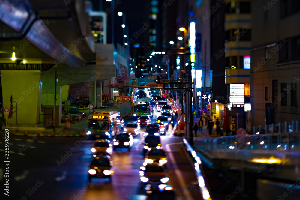 A night miniature neon street in Shibuya Tokyo tiltshift - obrazy, fototapety, plakaty 