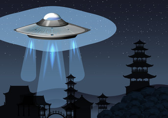 Sticker - Background scene with UFO flying in dark sky