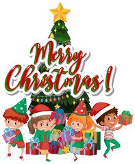 Wall Mural - Font design template for merry christmas with many kids and presents