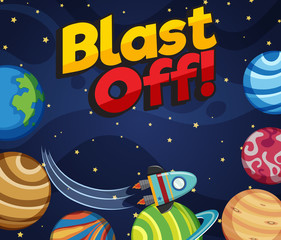 Wall Mural - Poster design with word blast off and many planets in the space