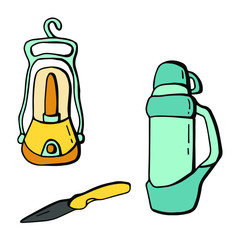 Wall Mural - Summer camping set. Lantern, thermos, knife. Cartoon style. Stock illustration. White background, isolate.  For design of postcards, posters, flyer, site, advertising.