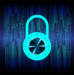 Closed Padlock on digital background, blue cyber security