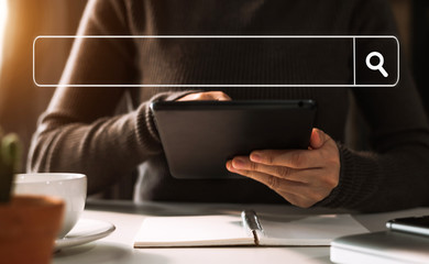 Searching Browsing Internet Data Information with blank search bar.business working with smart phone, tablet and laptop in office. Networking Concept 