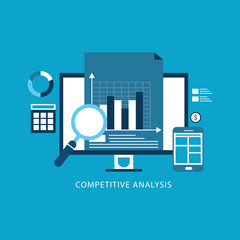 Competitor data analysis, market research, and strategy development flat vector