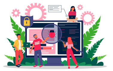 Wall Mural - debugging process flat vector illustration. people fixing bugs in hardware device. application devel