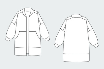 Coat vector template isolated on a grey background. Front and back view. Outline fashion technical sketch of clothes model.