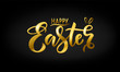 Hand drawn gold lettering happy Easter with bunny ears on a black background. Vector illustration for design of card, banner, logo, flayer, label, icon, badge, sticker