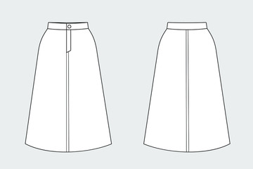 Female skirt vector template isolated on a grey background. Front and back view. Outline fashion technical sketch of clothes model.