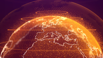 Wall Mural - Abstract 3D Rendering Shiny Orange Dotted Particles Earth Half View Globe Europe Map With Protective Rings And Glitter Dust Of The Atmosphere