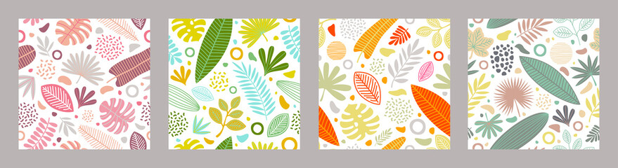 Wall Mural - Set of seamless background with tropical leaves and plants. Floral multicolored seamless pattern for wallpaper, cover, page, poster, flyer, greeting or invitation, Vector illustration.