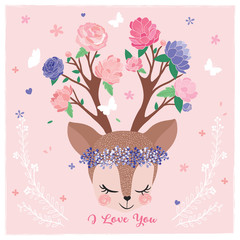 Wall Mural - Cute deer portrait drawing, spring flowers and butterflies, invitation and greeting card, birthday card, t-shirt graphic