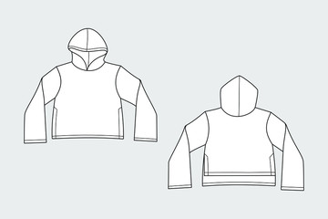 Sweatshirt female vector template isolated on grey. Apparel models sketch set. Outline for fashion clothes design. Front and back view. 