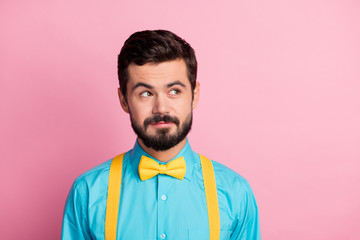 Sticker - Close-up portrait of his he nice attractive curious bewildered bearded guy wearing festal mint blue shirt creating new idea gift present surprise solution isolated over pastel pink color background