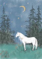 A white horse is standing in the forest. Beautiful landscape. Digital illustration. Cute illustration for the decor and design of posters, postcards, prints, stickers, invitations, textiles.