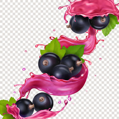 Sticker - Black currant berry in juice splash vector illustration