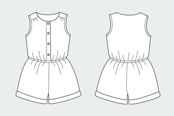 Wall Mural - Female jumpsuit shorts vector template isolated on a grey background. Front and back view. Outline fashion technical sketch of clothes model.