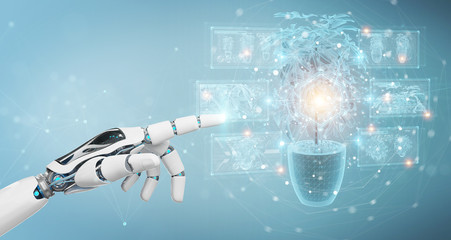 Fototapete - Robot hand holding and touching holographic projection of a plant with digital analysis 3D rendering