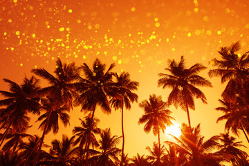 Wall Mural - Coconut palm trees at sunset with magic shiny party lights overlay