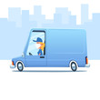 © zhitkov - Contactless secure delivery service. Woman wearing medical mask driving a service van against the background of city.