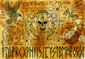 Ouija magic spiritual board design with demon, crow and runes on old paper background