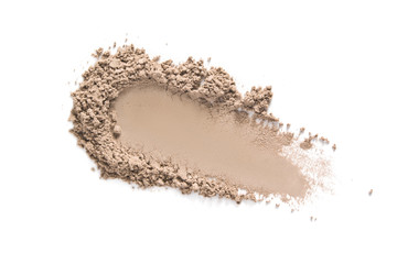 Wall Mural - Face makeup powder texture. Beige eye shadow swatch smudge isolated on white. Light brown nude make up product sample closeup