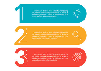 3 steps info graphic with business icons and copy space. Infographics template with outline numbers. Three parts or options for menu and  workflow layout design. Vector illustration.