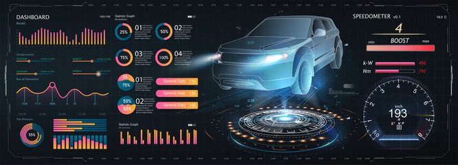 Aufkleber - Hologram auto, futuristic polygonal model auto. Smart auto ai hud. Driverless car working modes  vector illustration. Manual control, driver assistance, partial conditional, high automation.Web banner