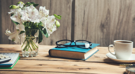 Canvas Print - flowers on book  with coffee