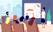 © MicroOne - Business seminar. Woman speaker conference presentation success. Businesswoman reading lecture. Coach marketing strategy vector illustration. Seminar speaker presentation, conference business meeting